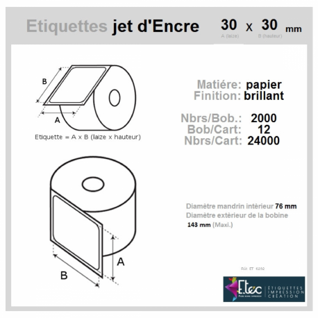 Étiquette autocollante jet d'encre papier blanc 30 x 30 diamètre 76-143 ref: 6292