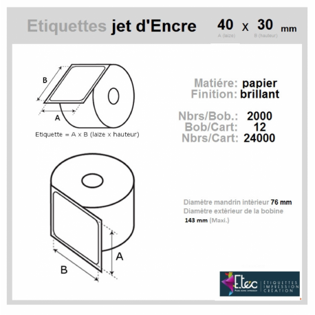 Étiquette autocollante jet d'encre papier blanc 40 x 30 diamètre 76-143 ref: 6293