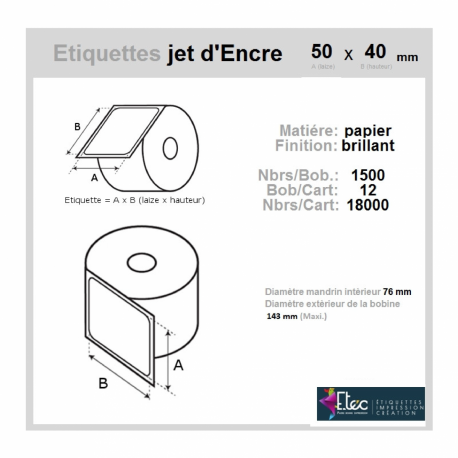 Étiquette autocollante jet d'encre papier blanc 50 x 40 diamètre 76-143 réf: 6296