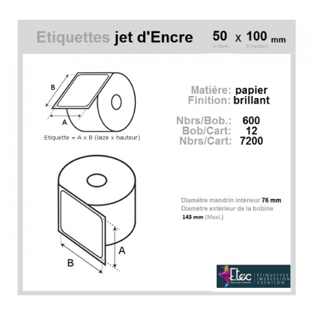 Étiquette autocollante jet d'encre papier blanc 50 x 100 diamètre 76-143 réf: 6298