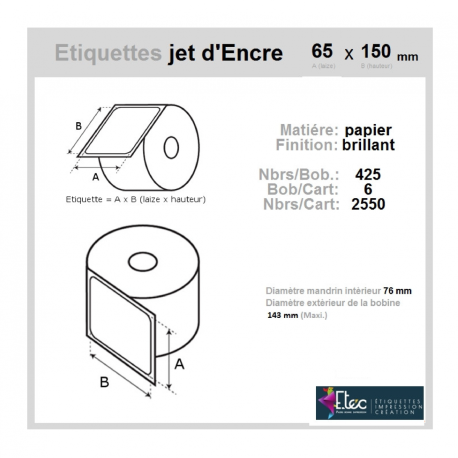 Étiquette autocollante jet d'encre papier blanc 65 x 150 diamètre 76-143 réf: 6303