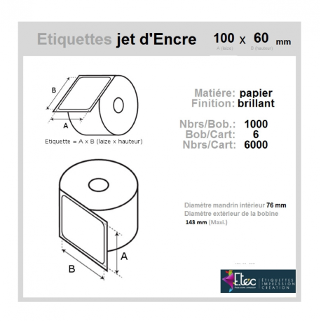 Étiquette autocollante jet d'encre papier blanc 100 x 60 diamètre 76-143 réf: 6311