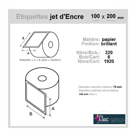 Étiquette autocollante jet d'encre papier blanc 100 x 200 diamètre 76-143 réf: 6315