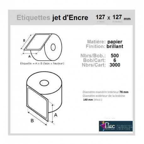 Étiquette autocollante jet d'encre papier blanc 127 x 127 diamètre 76-143 réf: 6316