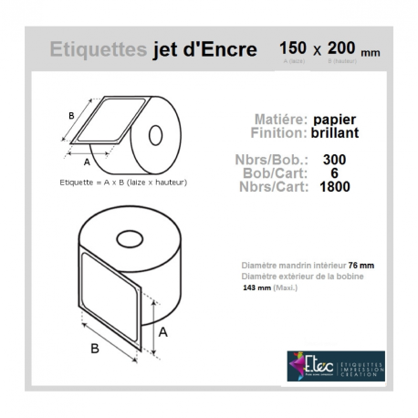 Étiquette autocollante jet d'encre papier blanc 150 x 200 diamètre 76-143 réf: 6320