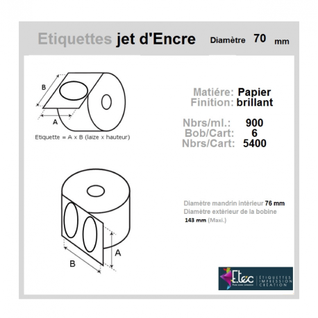 Étiquette autocollante jet d'encre papier blanc diamètre 70 diamètre 76-143 réf: 6325