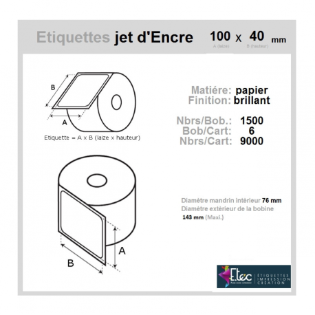 Étiquette autocollante jet d'encre papier blanc 100 x 40 diamètre 76-143 réf: 6330
