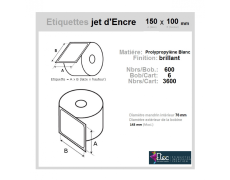 Étiquette autocollante jet d'encre polypropylène blanc brillant 150 x 100 diamètre 76-143 réf: 6357