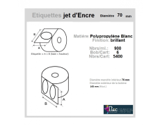 Étiquette autocollante jet d'encre polypropylène blanc brillant diamètre 70 diamètre 76-143 réf: 6364
