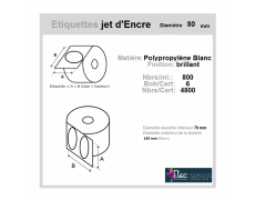Étiquette autocollante jet d'encre polypropylène blanc brillant diamètre 80 diamètre 76-143 réf: 6365